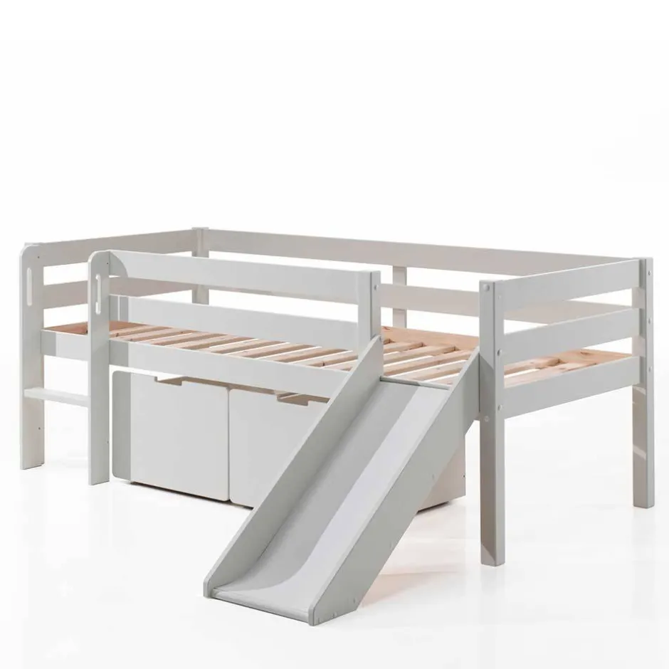 Kinder Wohnen Weißes Hochbett mit Rutsche - nur 83 cm hoch - Kendalas