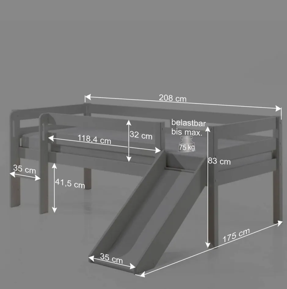 Kinder Wohnen Weißes Hochbett mit Rutsche - nur 83 cm hoch - Kendalas