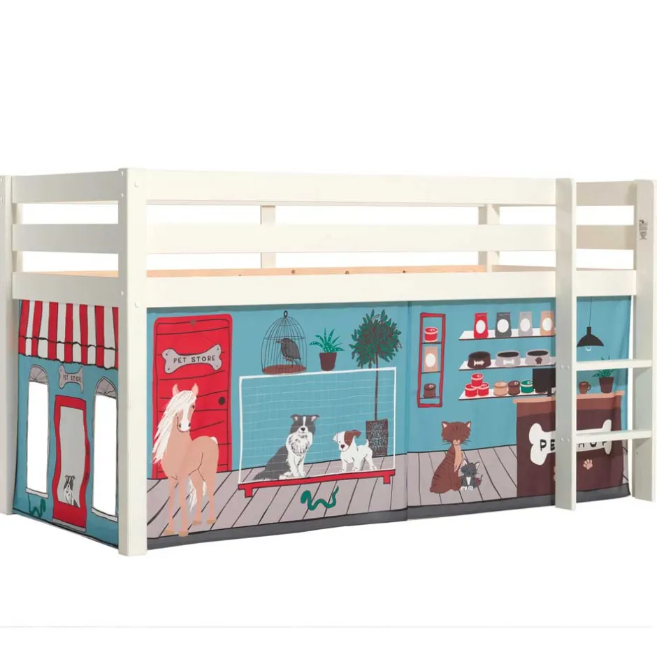 Kinder Wohnen Weißes Hochbett mit Spielvorhang Zooladen - Nadals