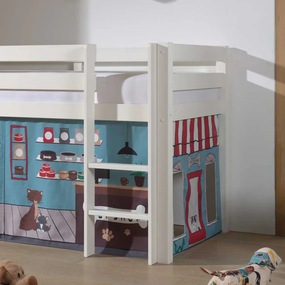 Kinder Wohnen Weißes Hochbett mit Spielvorhang Zooladen - Nadals