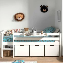 Kinder Wohnen Weißes Hochbett niedrig mit Hängeregal - Azuro