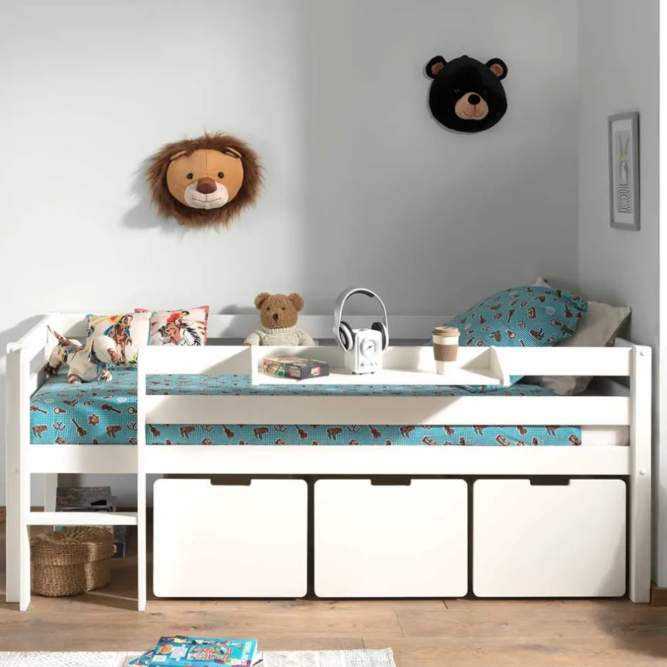Kinder Wohnen Weißes Hochbett niedrig mit Hängeregal - Azuro