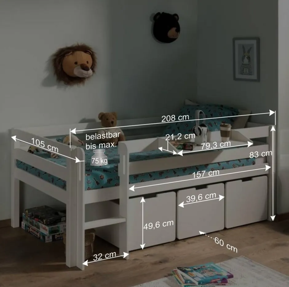 Kinder Wohnen Weißes Hochbett niedrig mit Hängeregal - Azuro