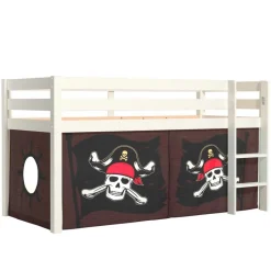 Kinder Wohnen Weißes Piraten Hochbett mit Vorhang in Schwarz - Paisly