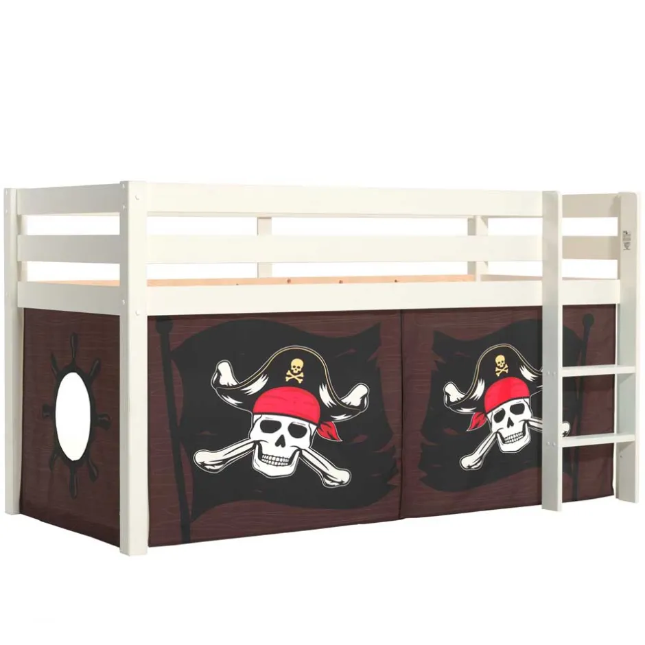 Kinder Wohnen Weißes Piraten Hochbett mit Vorhang in Schwarz - Paisly