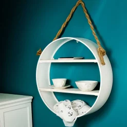 Wohnen Weißes Regal in Rund mit Seil Aufhängung - Emzanua