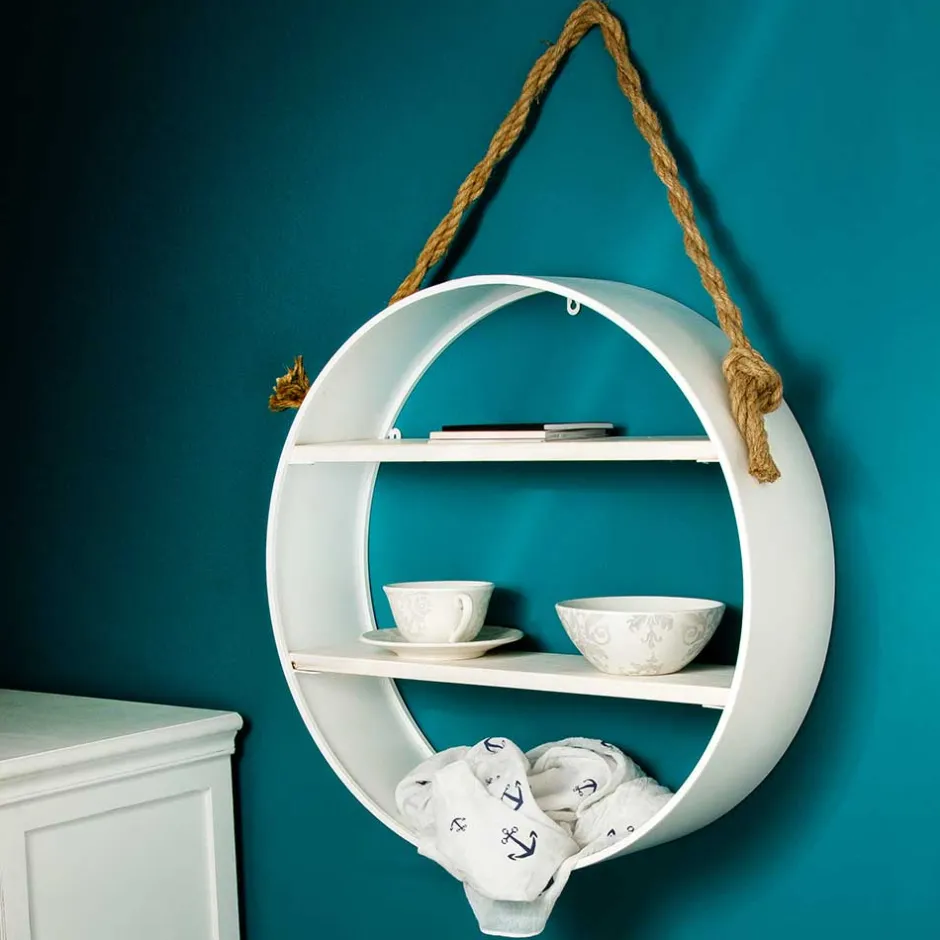 Wohnen Weißes Regal in Rund mit Seil Aufhängung - Emzanua