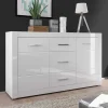 Weißes Sideboard mit Hochglanz Front Yulis & Chrom Metallgriffen^Wohnen Discount