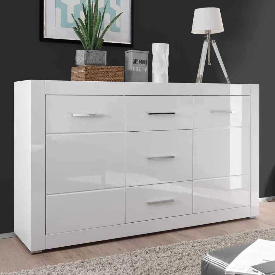 Weißes Sideboard mit Hochglanz Front Yulis & Chrom Metallgriffen^Wohnen Discount