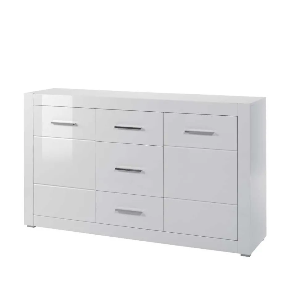 Weißes Sideboard mit Hochglanz Front Yulis & Chrom Metallgriffen^Wohnen Discount