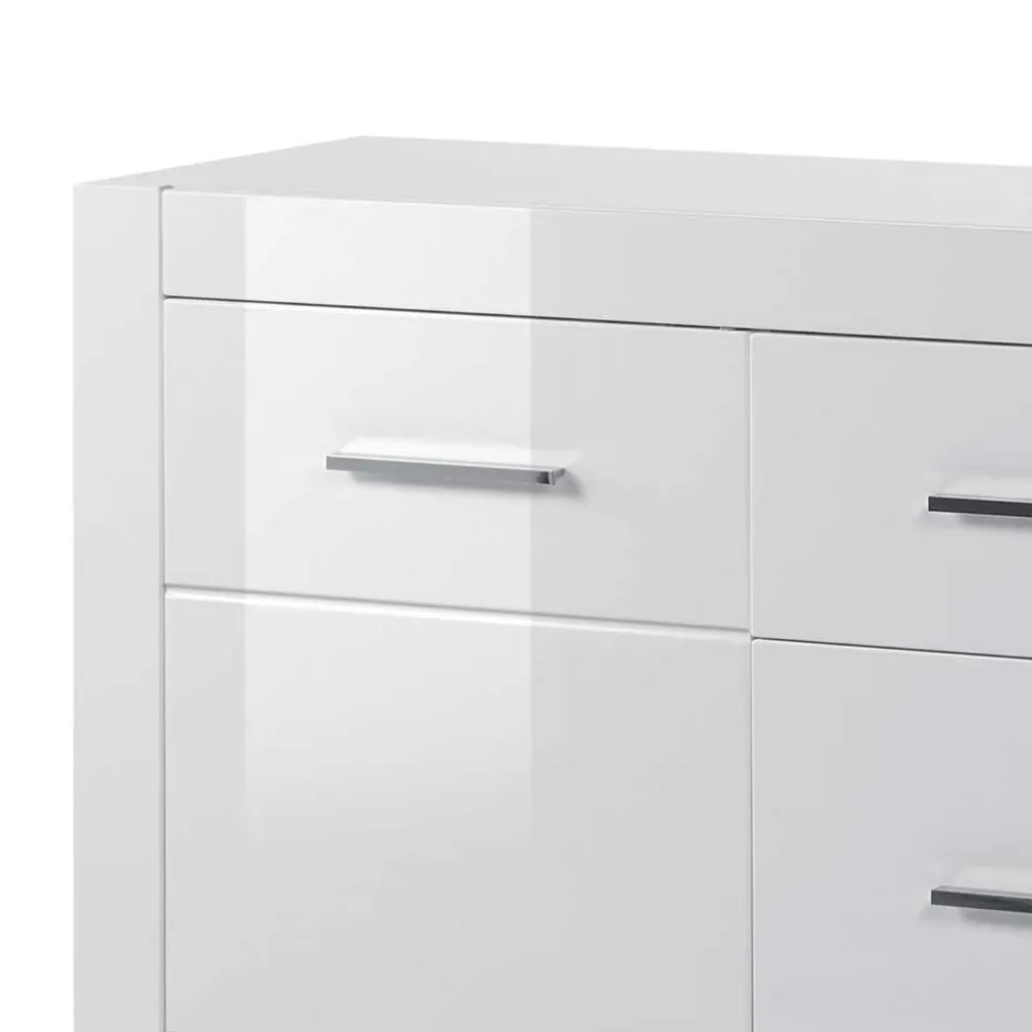 Weißes Sideboard mit Hochglanz Front Yulis & Chrom Metallgriffen^Wohnen Discount