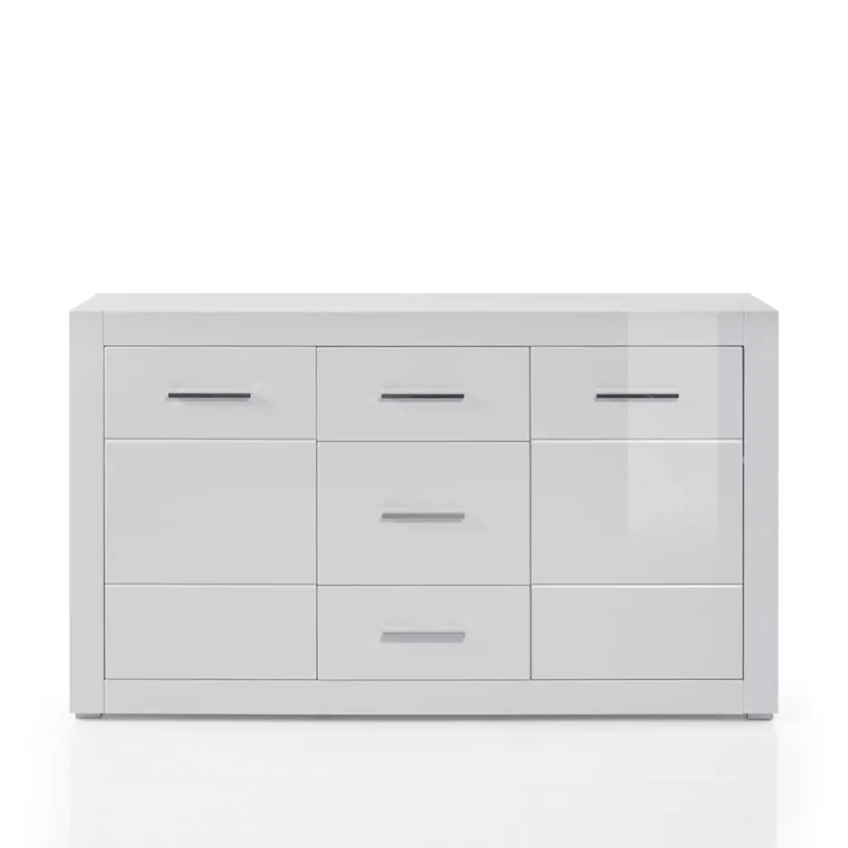 Weißes Sideboard mit Hochglanz Front Yulis & Chrom Metallgriffen^Wohnen Discount