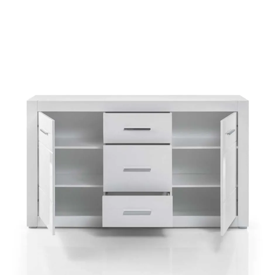 Weißes Sideboard mit Hochglanz Front Yulis & Chrom Metallgriffen^Wohnen Discount