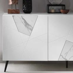 Wohnen Weißes Sideboard mit Marmor Einsätzen Grau - Eleonora