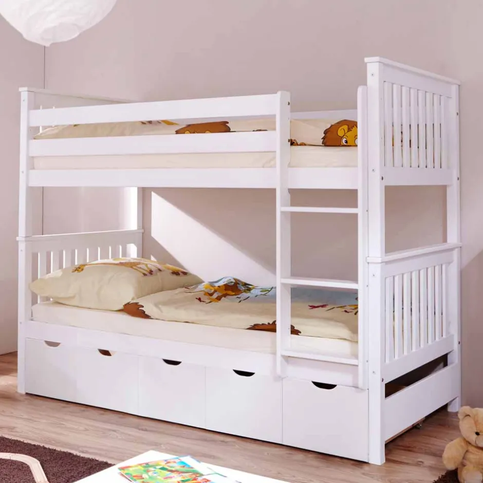 Kinder Wohnen Weißes Stockbett aus Massivholz Kiefer Huelca mit 5 Schubkästen