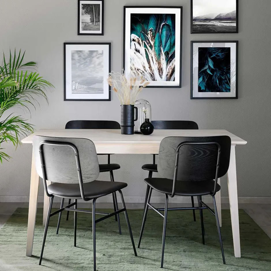 Wohnen White Wash Holztisch & schwarze Stühle - Pessoa (fünfteilig)