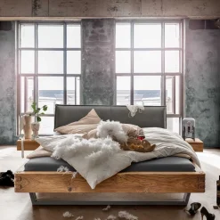 Wohnen Wildeiche Balkenbett mit Leder-Kopfteil - Reneva