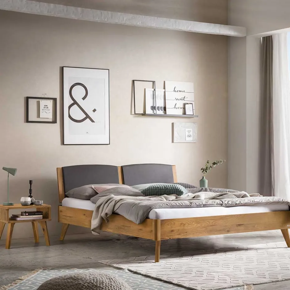 Wohnen Wildeiche Bett mit Kopfteilpolstern in Grau - Luxuria
