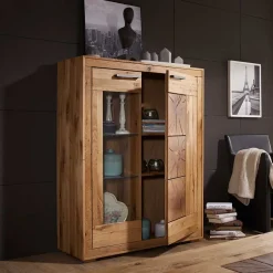 Wohnen Wildeiche Highboard Troncon mit Glas Einsatz