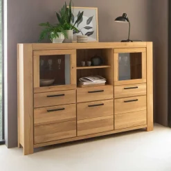 Wohnen Wildeiche Highboard Vitrine teilmassiv - Sophia