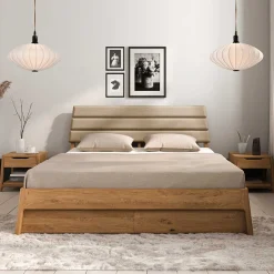 Wohnen Wildeiche Holzbett mit Polsterkopfteil in Beige - Favorite