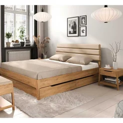Wohnen Wildeiche Holzbett mit Polsterkopfteil in Beige - Favorite