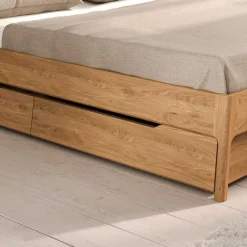 Wohnen Wildeiche Holzbett mit Polsterkopfteil in Beige - Favorite