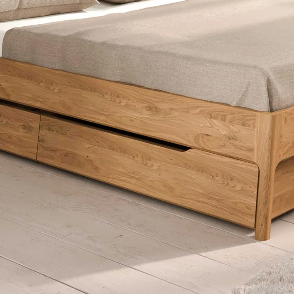 Wohnen Wildeiche Holzbett mit Polsterkopfteil in Beige - Favorite