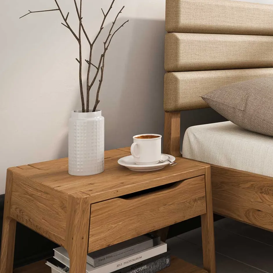 Wohnen Wildeiche Holzbett mit Polsterkopfteil in Beige - Favorite