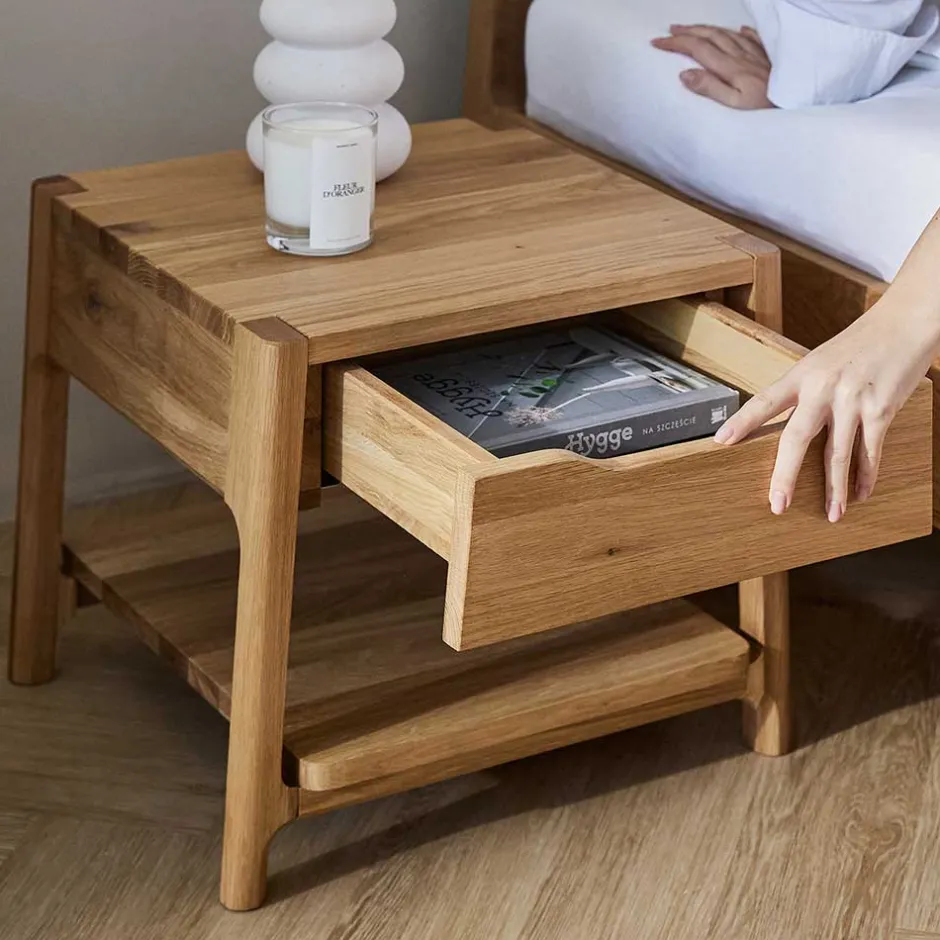 Wohnen Wildeiche Holzbett mit Polsterkopfteil in Beige - Favorite