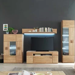 Wohnen Wohnkombination in Eiche Bianco teilmassiv Pontros optional mit LED (vierteilig)