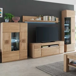 Wohnen Wohnkombination in Eiche Bianco teilmassiv Pontros optional mit LED (vierteilig)