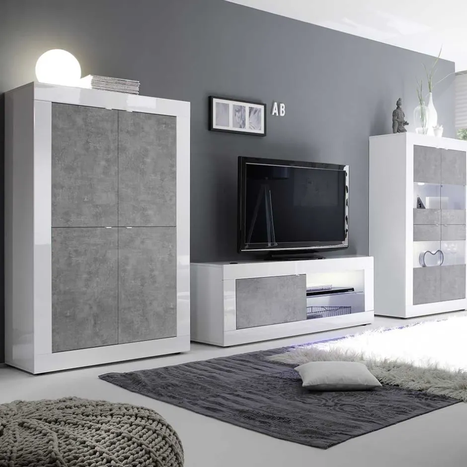 Wohnen Wohnwand in Beton Optik & Weiß HG - Narandu (dreiteilig)