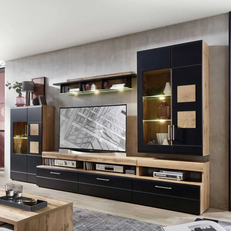 Wohnen Wohnwand in Schwarz & Wildeiche - Kandu (fünfteilig)