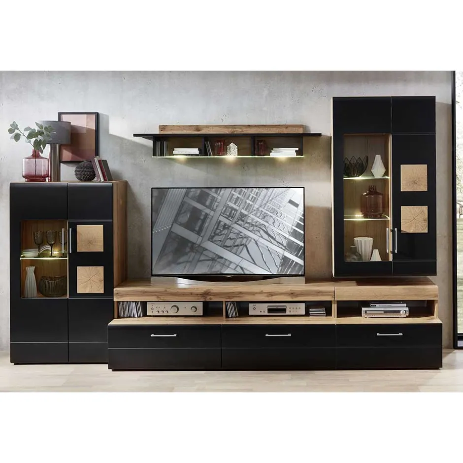 Wohnen Wohnwand in Schwarz & Wildeiche - Kandu (fünfteilig)