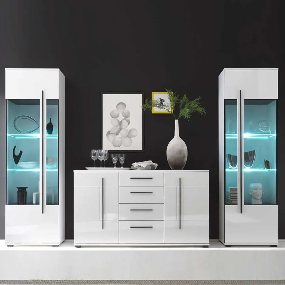 Wohnen Wohnwand Jetongos in Hochglanz Weiß (dreiteilig)