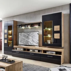 Wohnwand Möbel in Schwarz & Wildeiche - Kandu (fünfteilig)^Wohnen Clearance