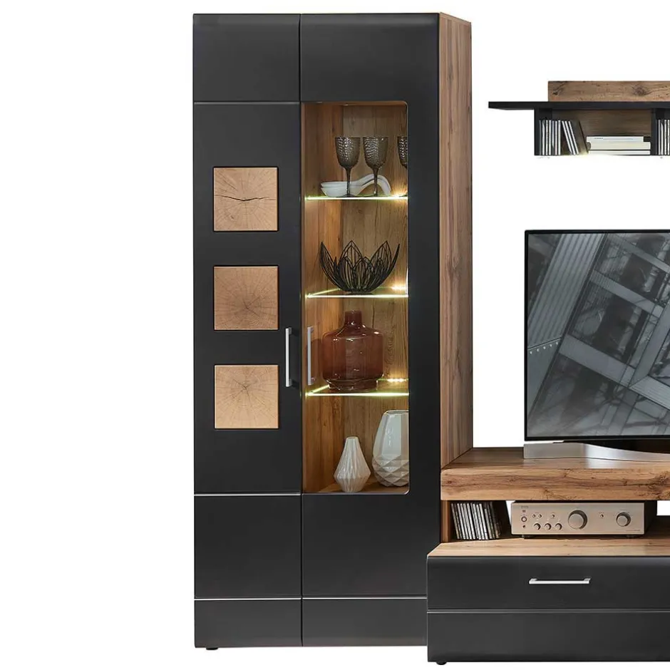 Wohnwand Möbel in Schwarz & Wildeiche - Kandu (fünfteilig)^Wohnen Clearance
