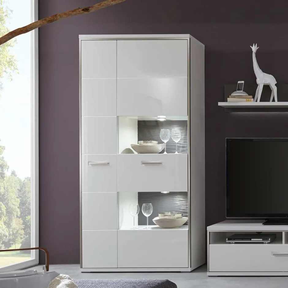Wohnen Wohnwand Vitrine Tacroma in Hochglanz Weiß
