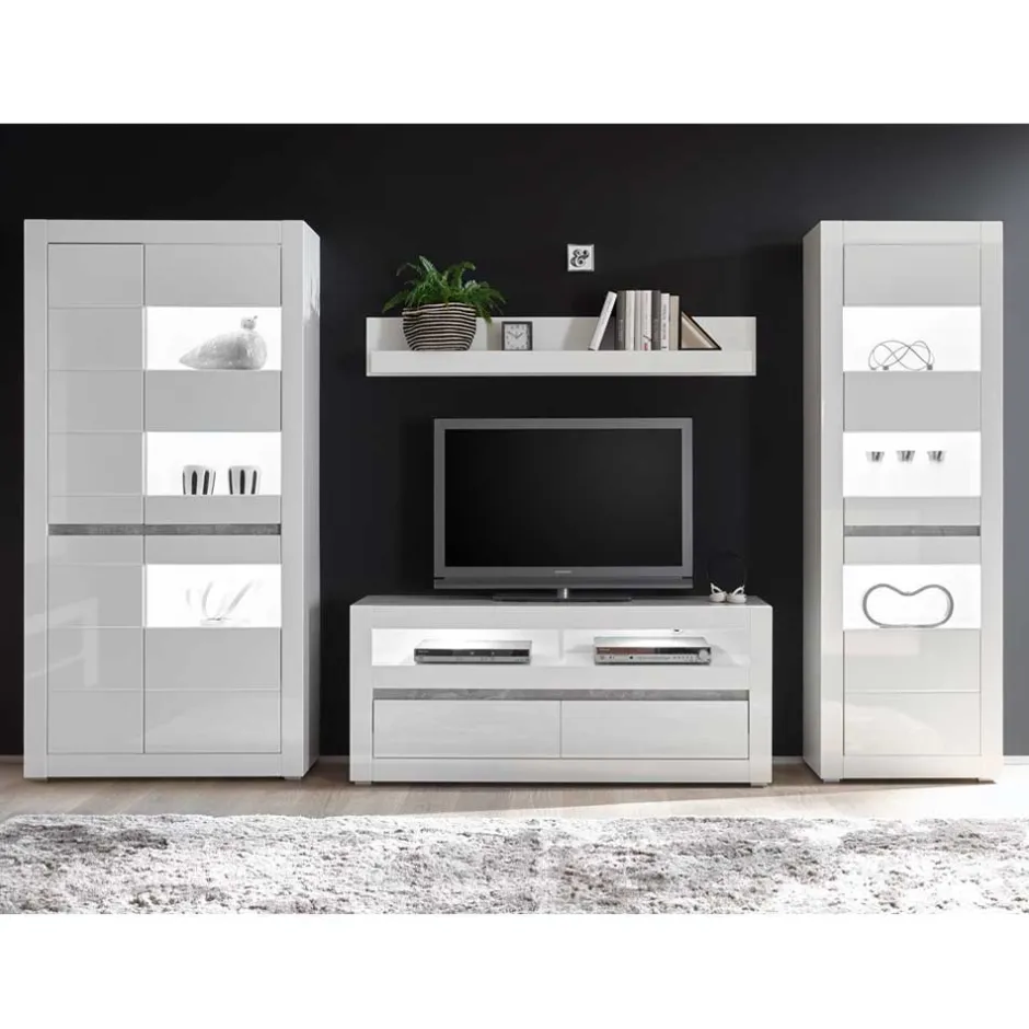 Wohnen Wohnzimmer Möbel Programm in Hochglanz Weiß Mextra mit Beton Dekpr (vierteilig)