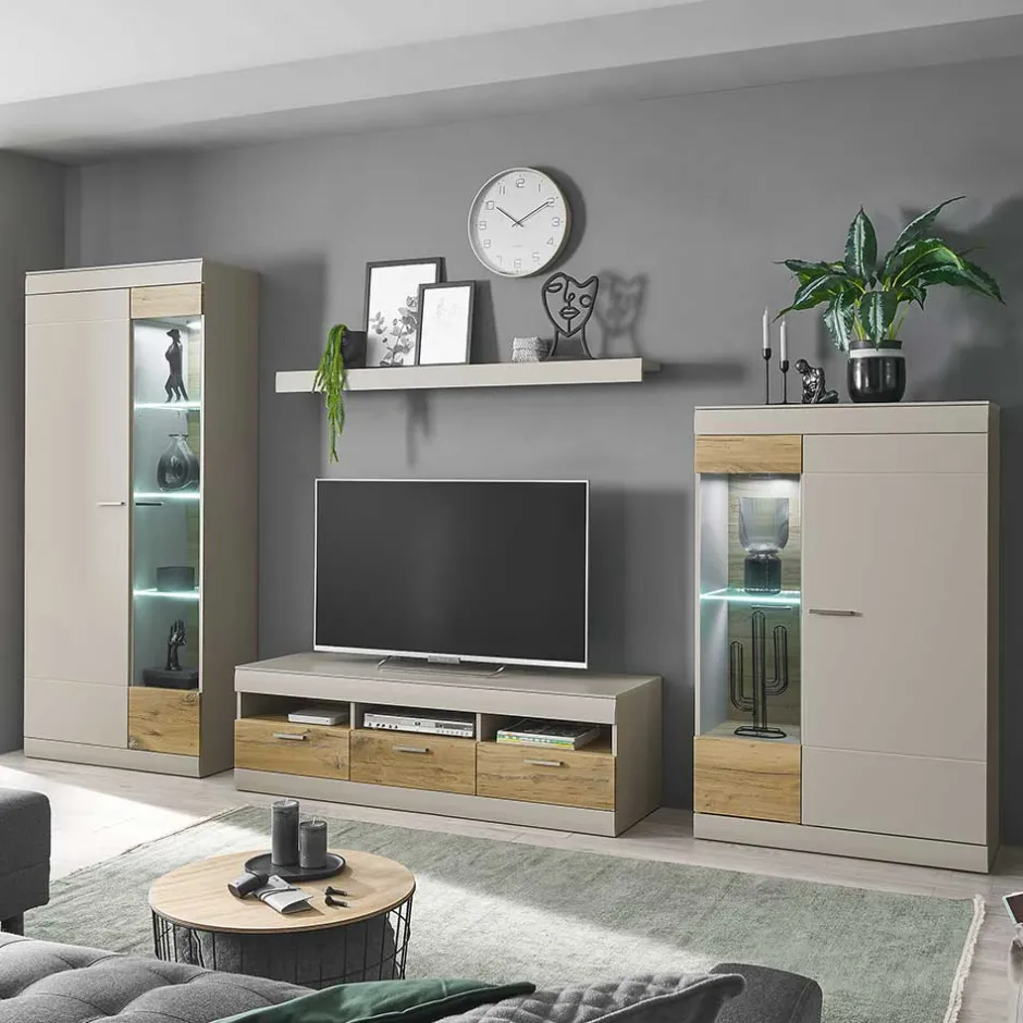 Wohnzimmer Schrank Set in Hellgrau & Zinneiche - Lioscas (vierteilig)^Wohnen New