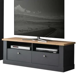 Wohnen Wohnzimmer TV Wohnwand in Grau mit Wildeiche - Lionel (vierteilig)