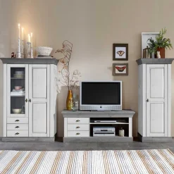 Wohnzimmer Wohnwand Mirandesca in Weiß Grau teilmassiv (dreiteilig)^Wohnen