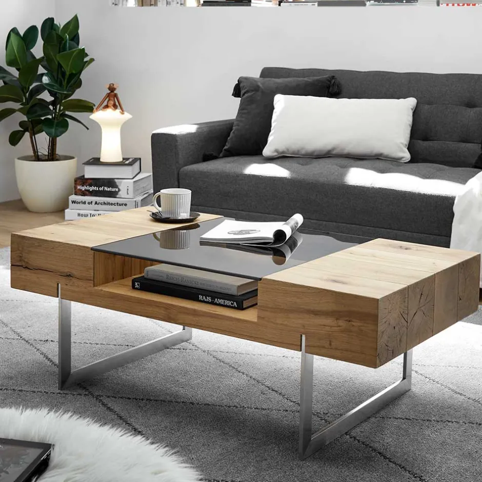 Wohnzimmertisch aus Rauchglas und Asteiche Furnier - Valjita^Wohnen