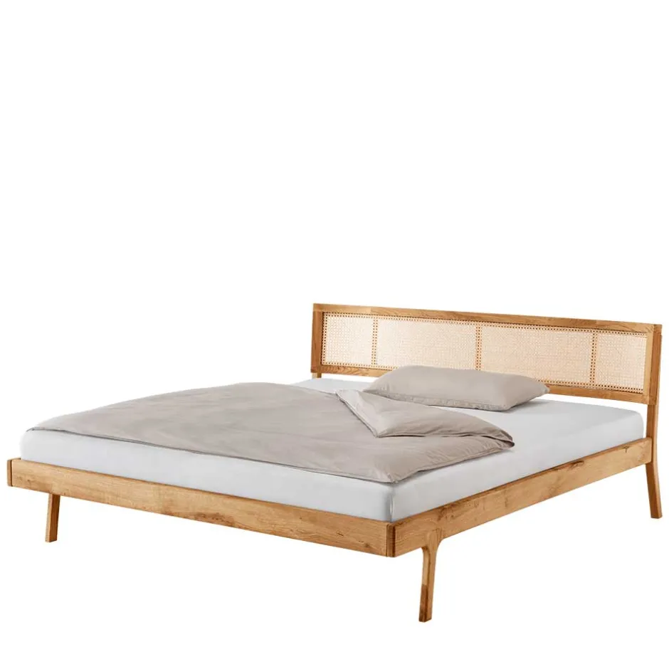 Wohnen 140x200 Holzbett aus Wildeiche mit Rattan - Ambrosso