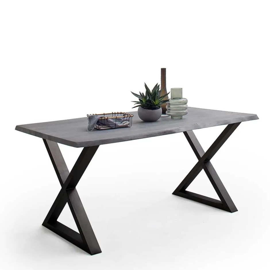 X-Bein Esszimmertisch mit Baumkante in Grau - Korcula^Wohnen