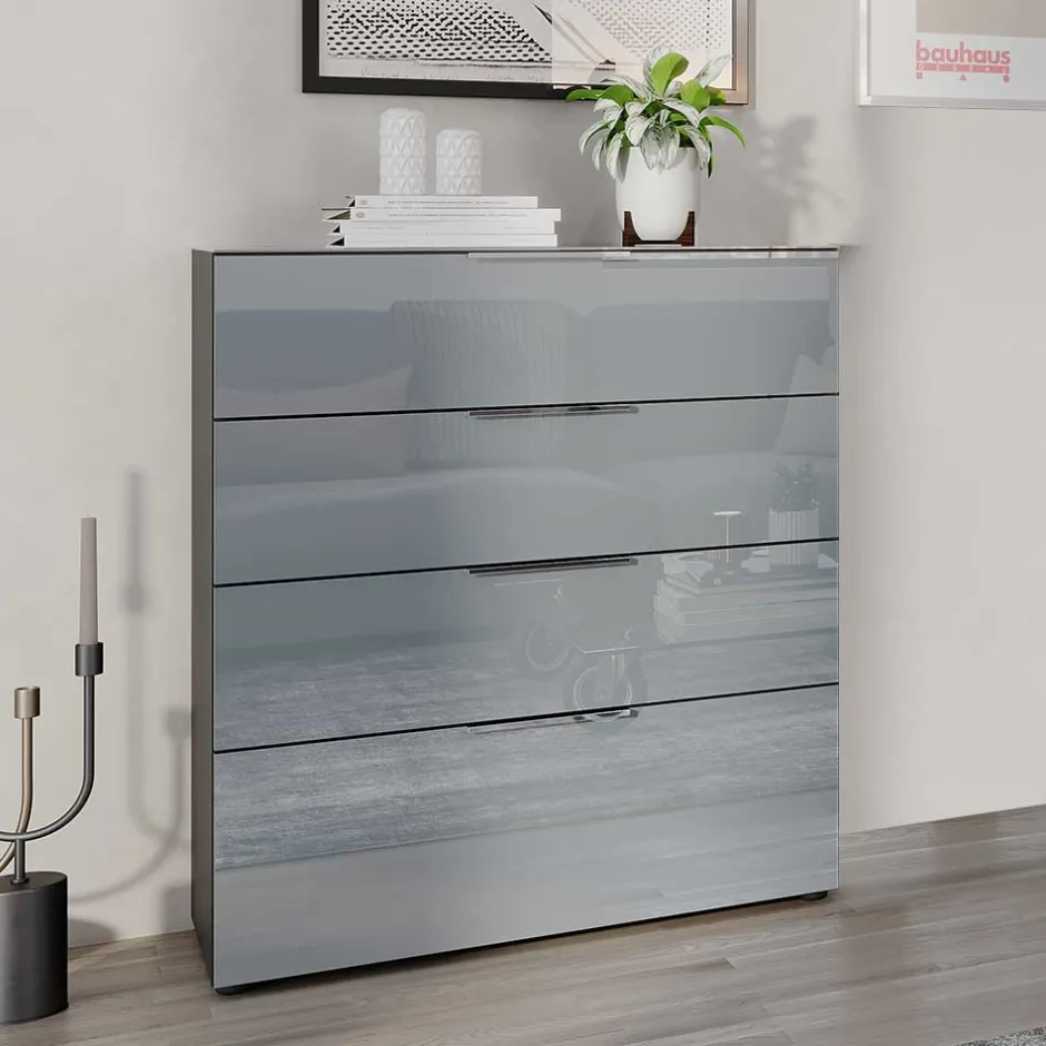 Wohnen 83x102x42 4 Schubladen Kommode mit Glas Front - Ruudy