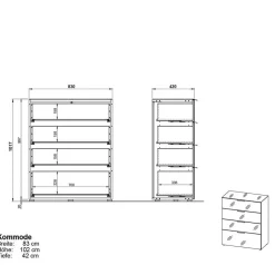 Wohnen 83x102x42 4 Schubladen Kommode mit Glas Front - Ruudy