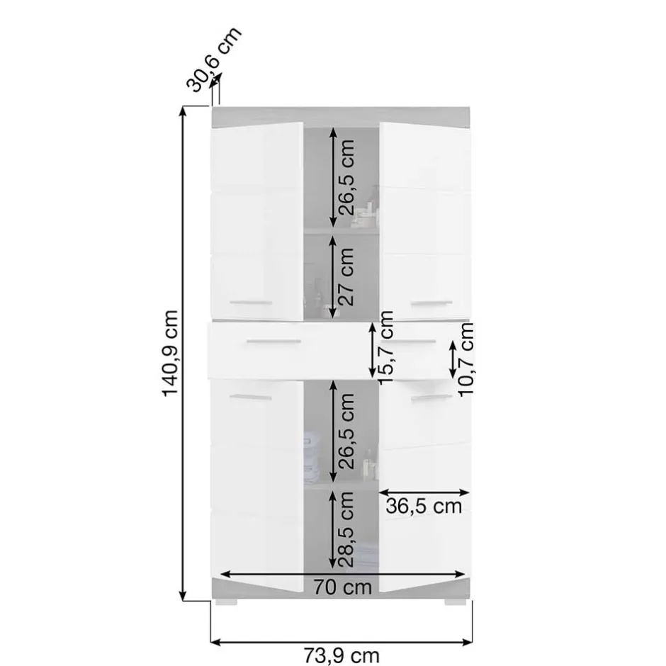 Wohnen 74x141x31 Badezimmer Highboard mit 4 Türen & Schublade - Nancys