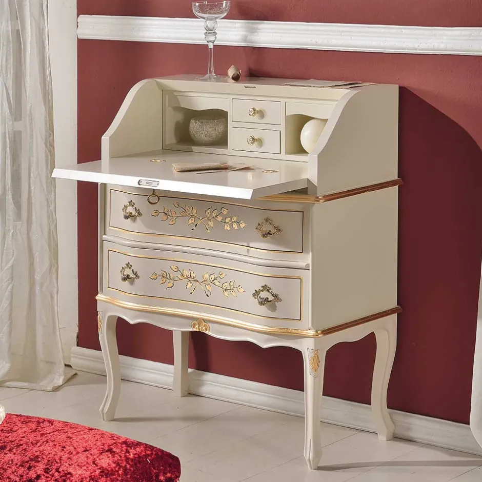 Wohnen 75x88x35 Barock Sekretär in Weiß & Gold - Iviada